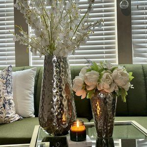 Pair of Silver Metal Vases with Etched Patterns